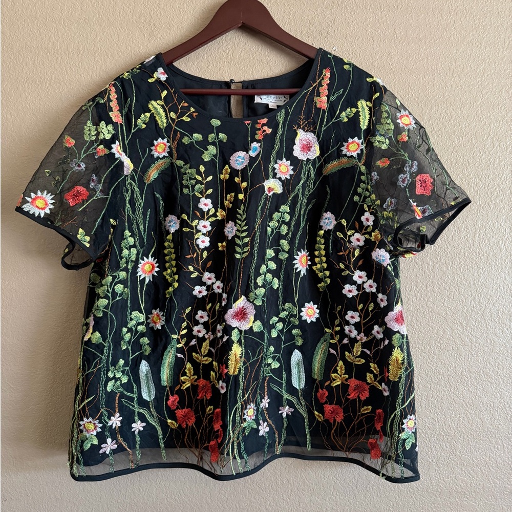Nanette Lepore Black Floral Embroidered Mesh Lined Short-Sleeve Top Size 3X
